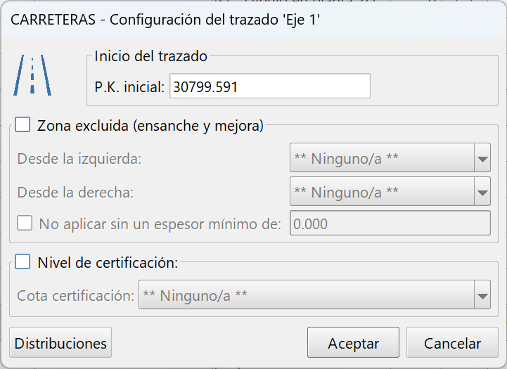 Trazado - Configuración parámetros de carreteras, dialog