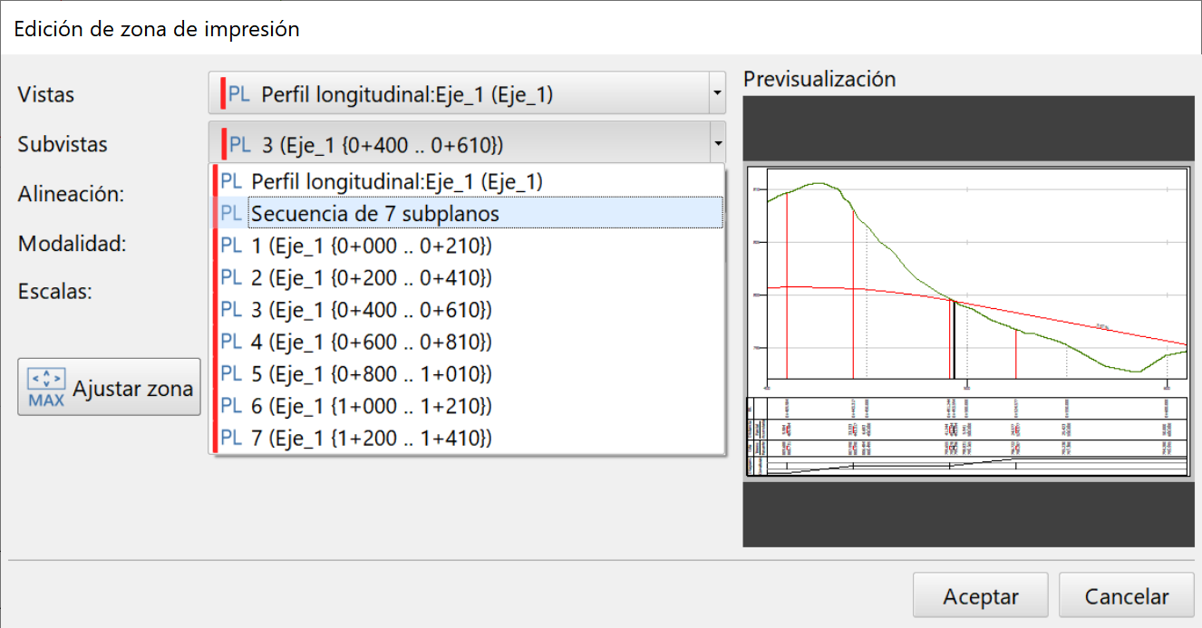 Vista - Hoja papel - Selector de subvistas del perfil longitudinal