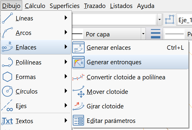 Trazado - Entronques, generar entronques, menú dibujo-enlaces