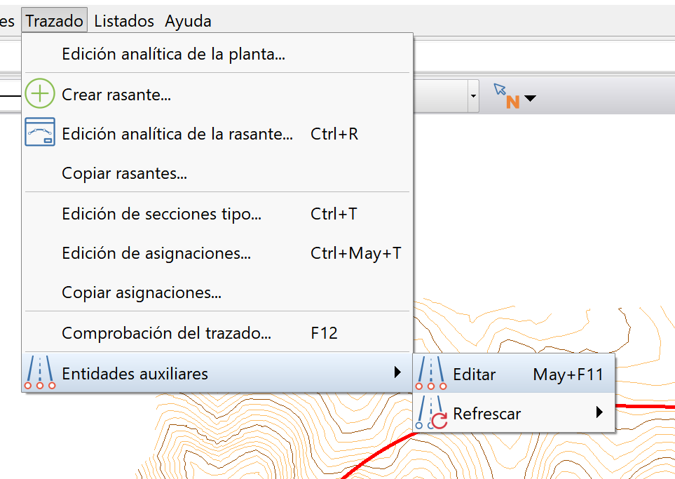 Edición - Lista de entidades - Editor de entidades auxiliares - Acceso desde el menú de trazado