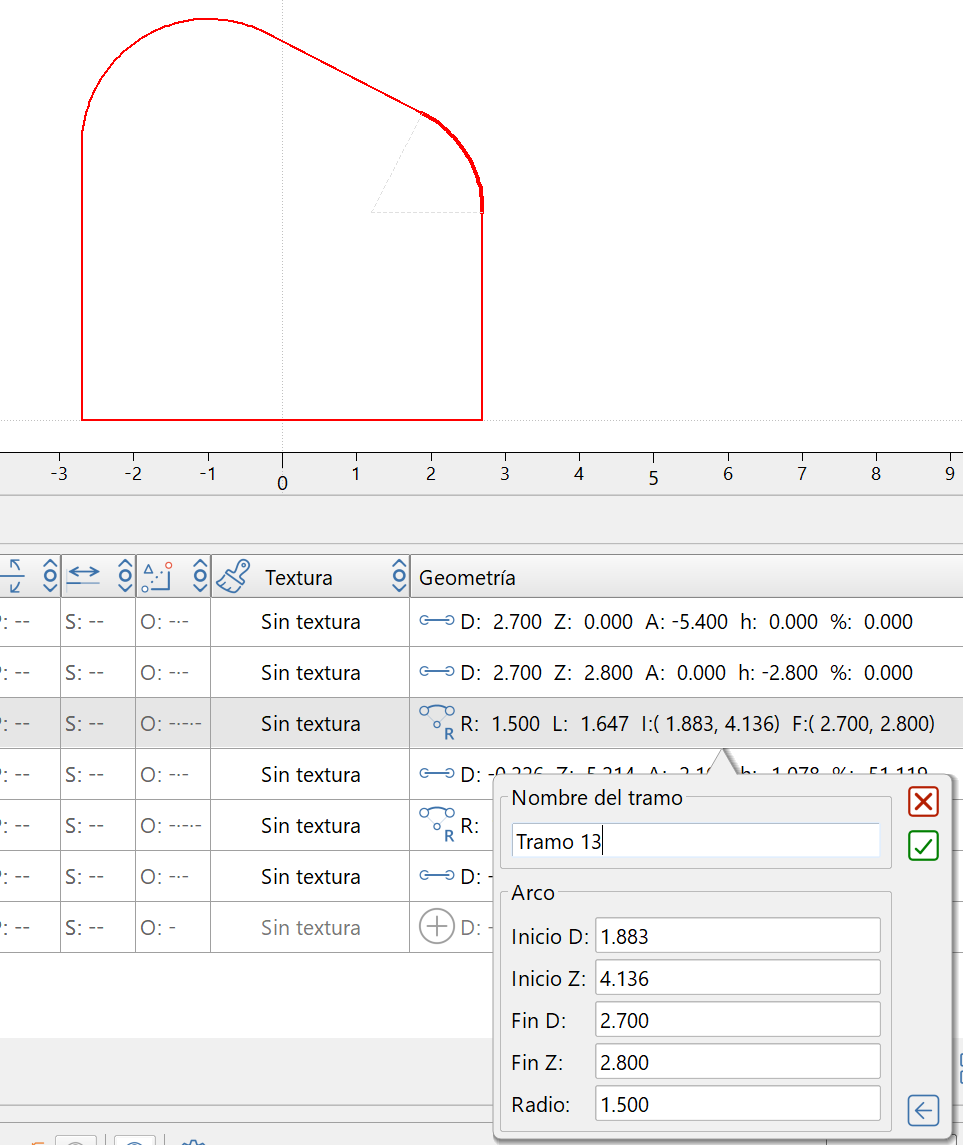 Editor de secciones - Editor tramo, arco, dialog