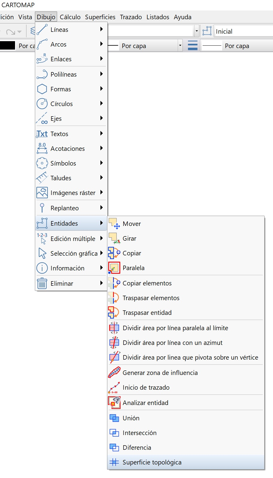 CAD - Entidades - Superficie topológica, menú