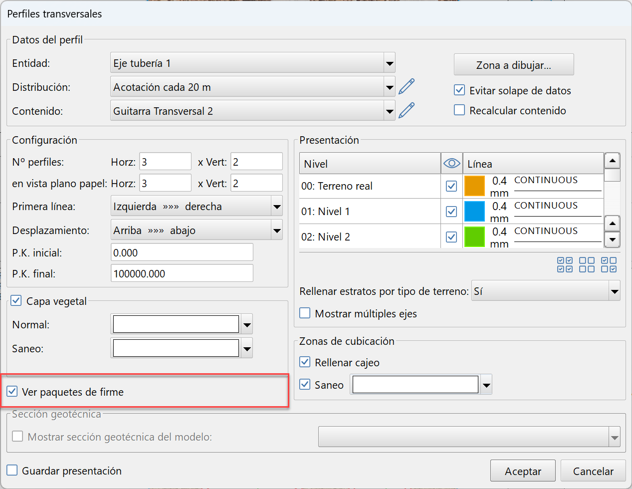 Perfiles transversales - Configuración, dialog con ver paquetes de firme resaltado