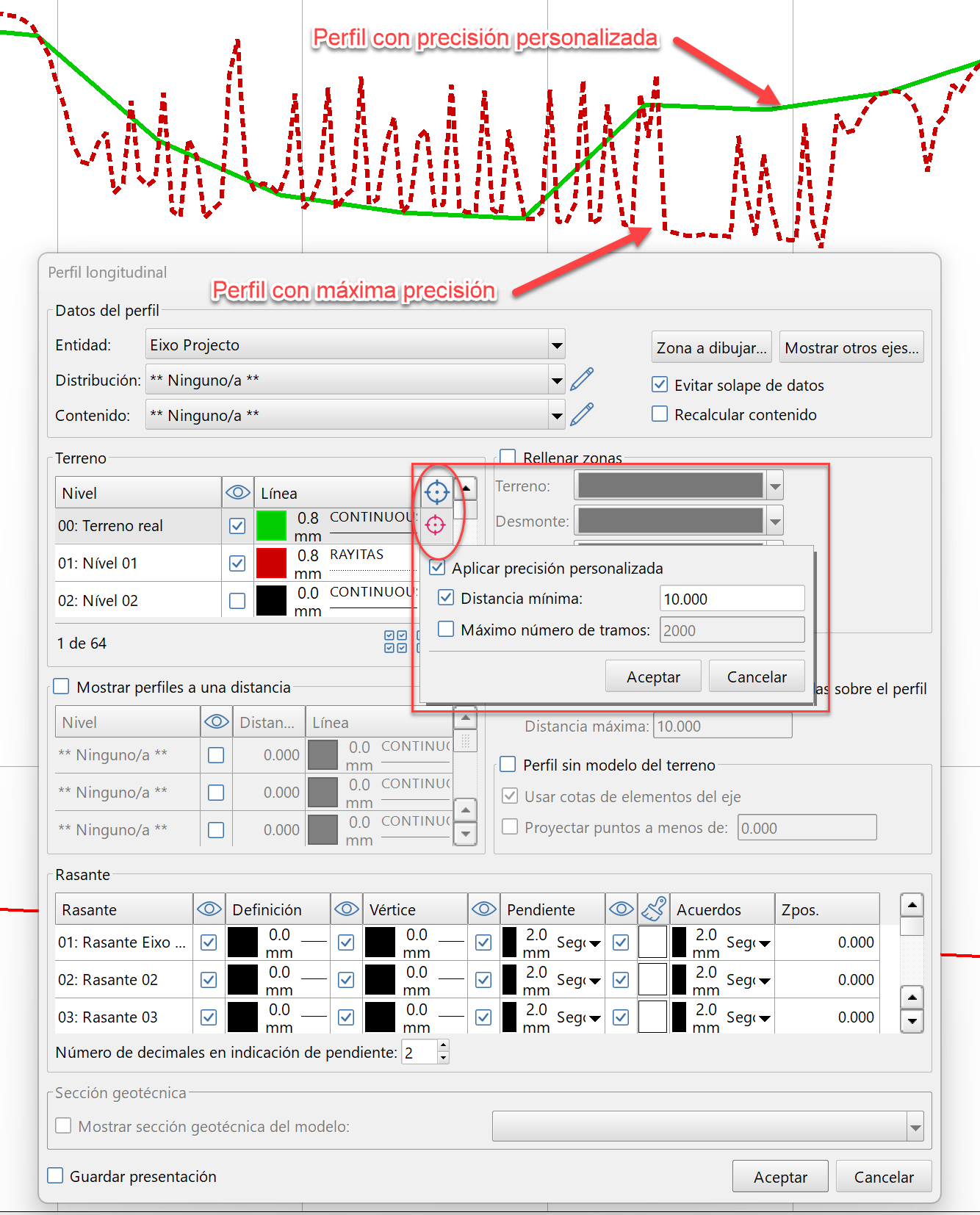 Perfil longitrudinal - Precisión personalizada, dialog + explicación