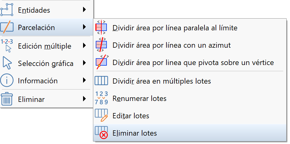 Parcelaciones - Eliminar lotes, acceso menú