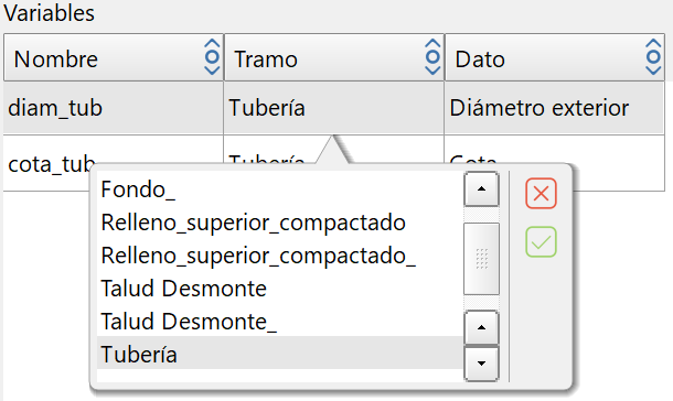 Trazado - Editor secciones - Variables, combo tramos