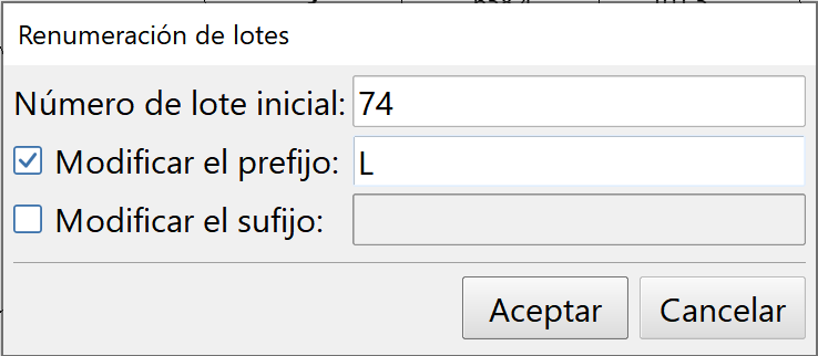 Parcelaciones - Renumerar, dialog