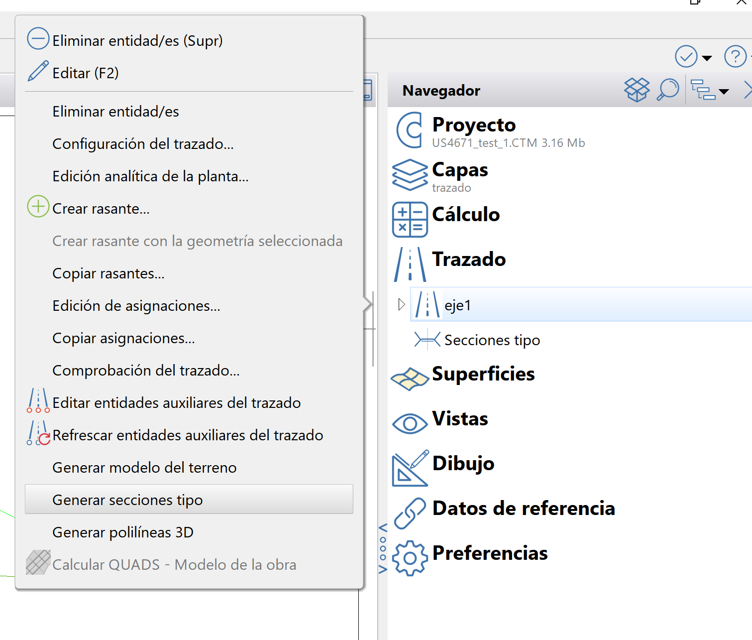 Trazado - Adquisición de perfiles transversales - Generación de secciones, acceso navegador