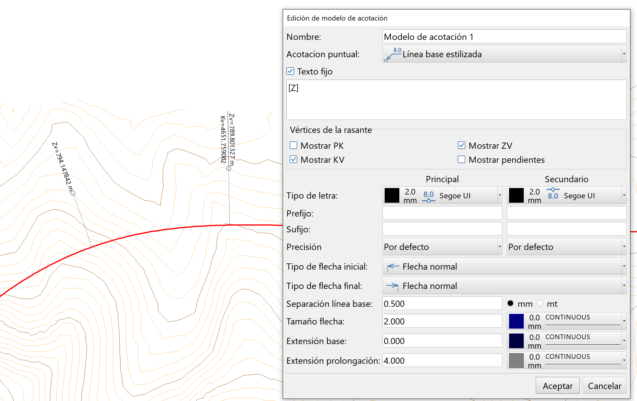 CAD - Acotaciones - Editor de estilos con datos de vértices de rasantes