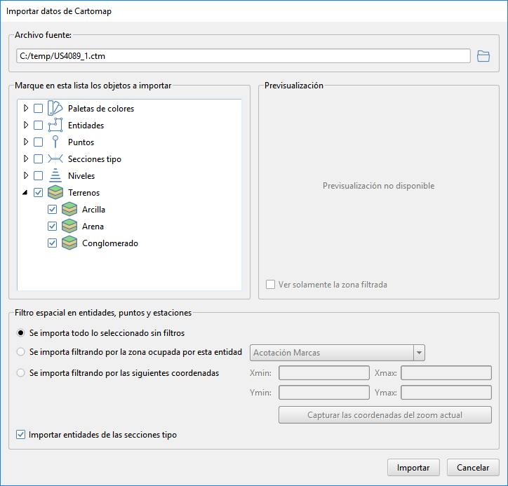 Archivo - Importar - CARTOMAP, dialog con niveles de terreno