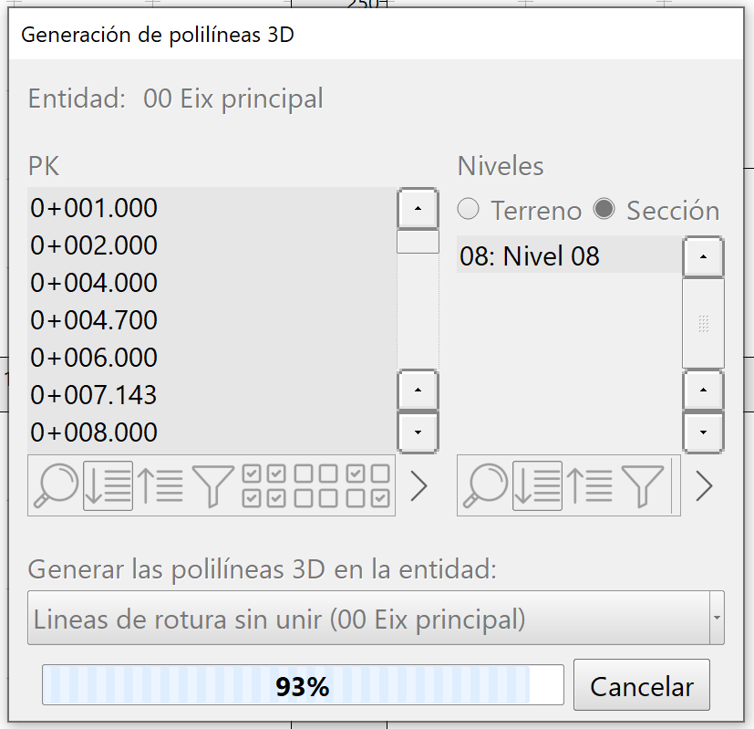 Perfiles transversales - Generación de polilíneas, dialog