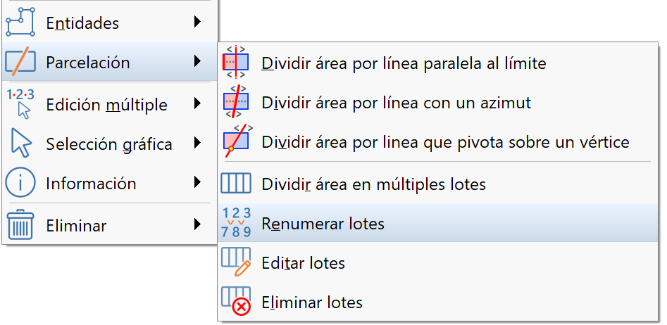 Parcelaciones - Renumerar, acceso menú