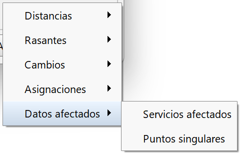 Perfiles - Edición de distribuciones - Longitudinal, menú datos afectados