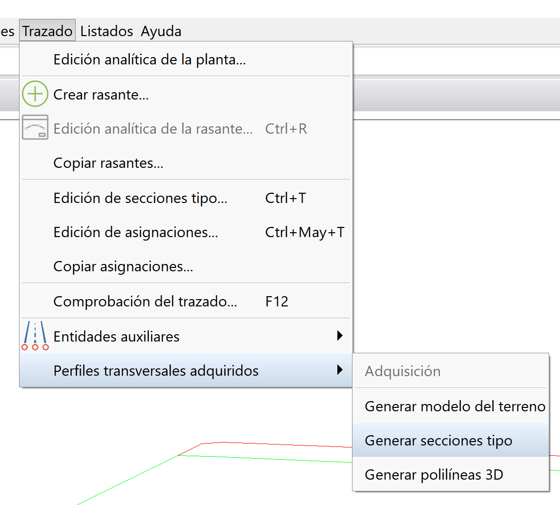 Trazado - Adquisición de perfiles transversales - Generación de secciones, acceso menú