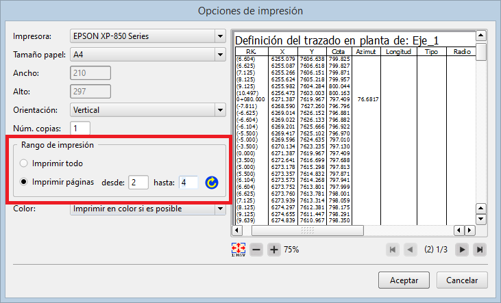 Vista - Listado - Opciones de impresión