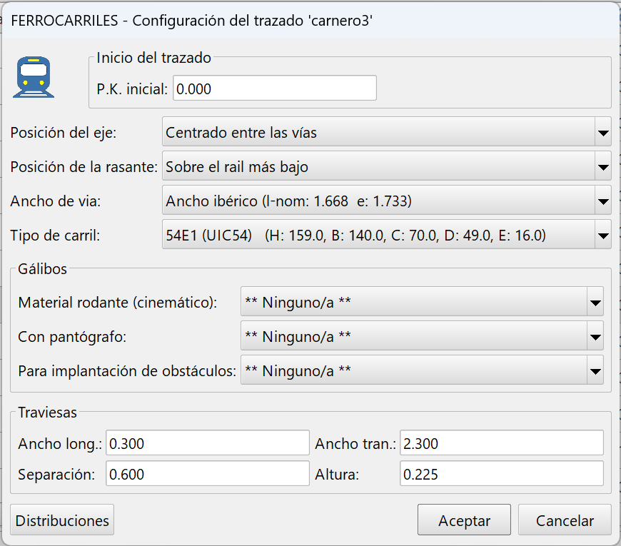 Trazado - Configuración parámetros de ferrocarriles, dialog