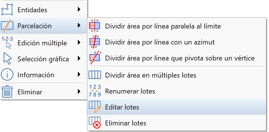 Parcelaciones - Editar lote, acceso menú