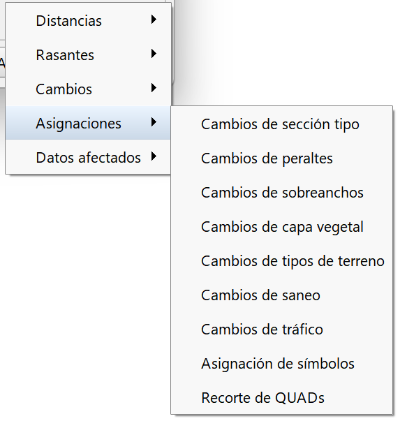 Perfiles - Edición de distribuciones - Longitudinal, menú asignaciones