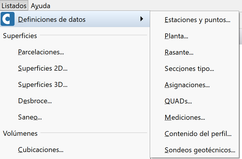 Listados - Definiciones de datos, menú