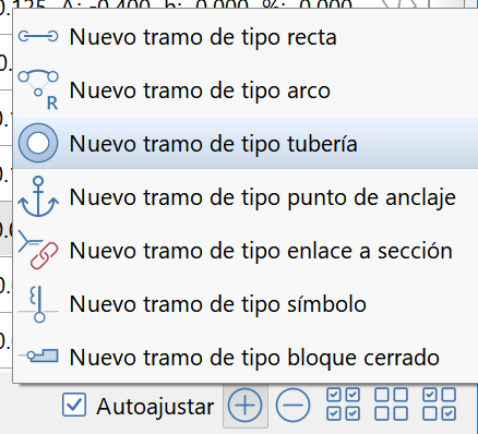 Editor de secciones - Tramos - Tubería - Menú