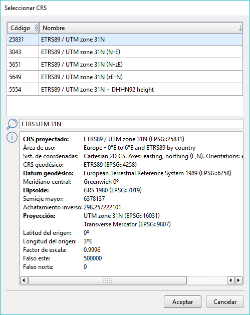 Cálculo - Calculadora geodésica - Selección CRS