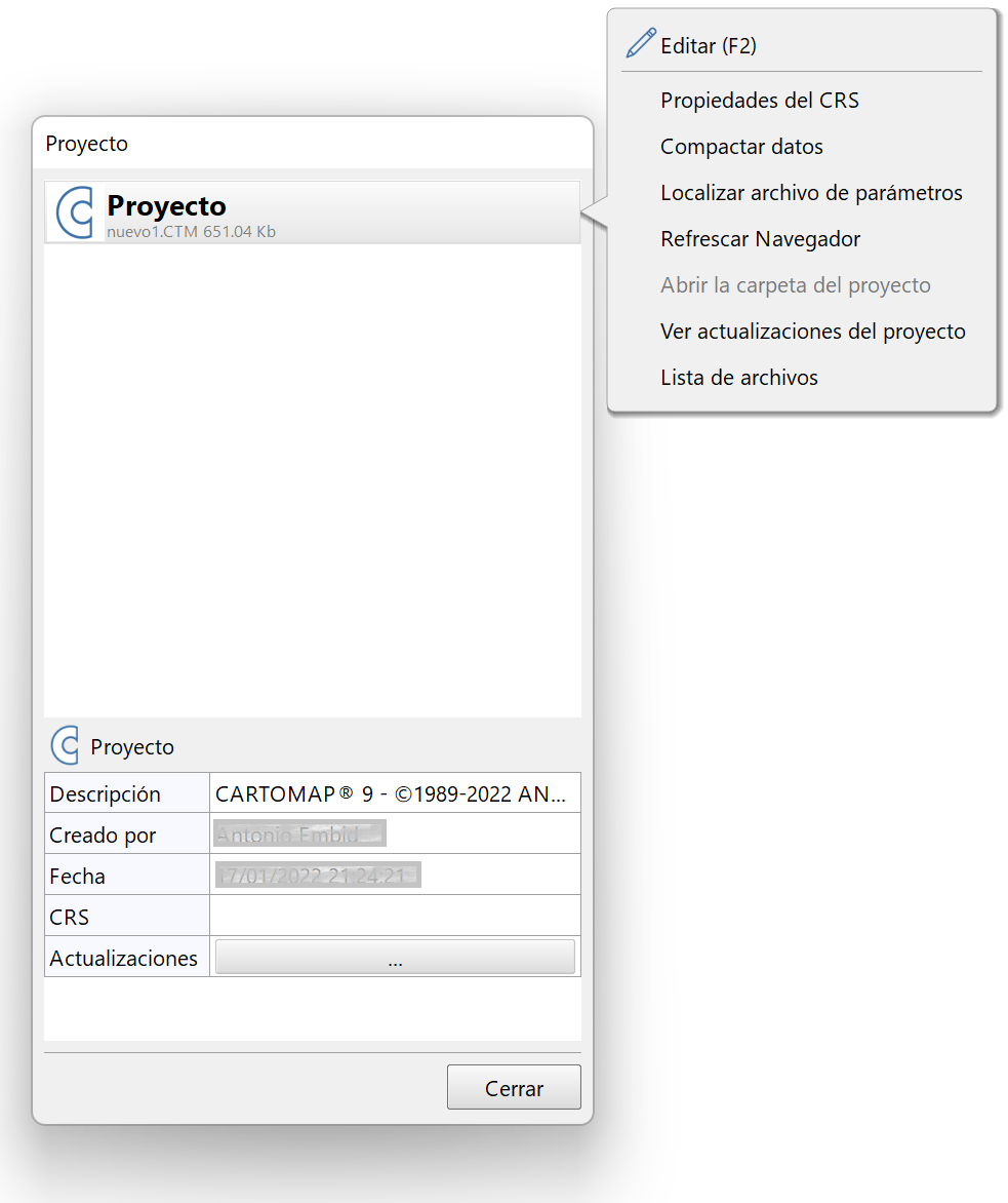 Edición - Proyecto - Proyecto, dialog con menú