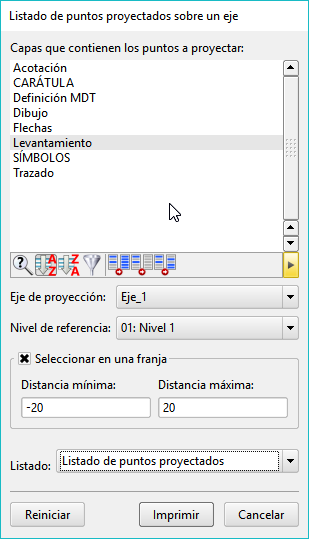 Listados - Puntos proyectados eje - Dialog Listados - Puntos proyectados eje - Dialog