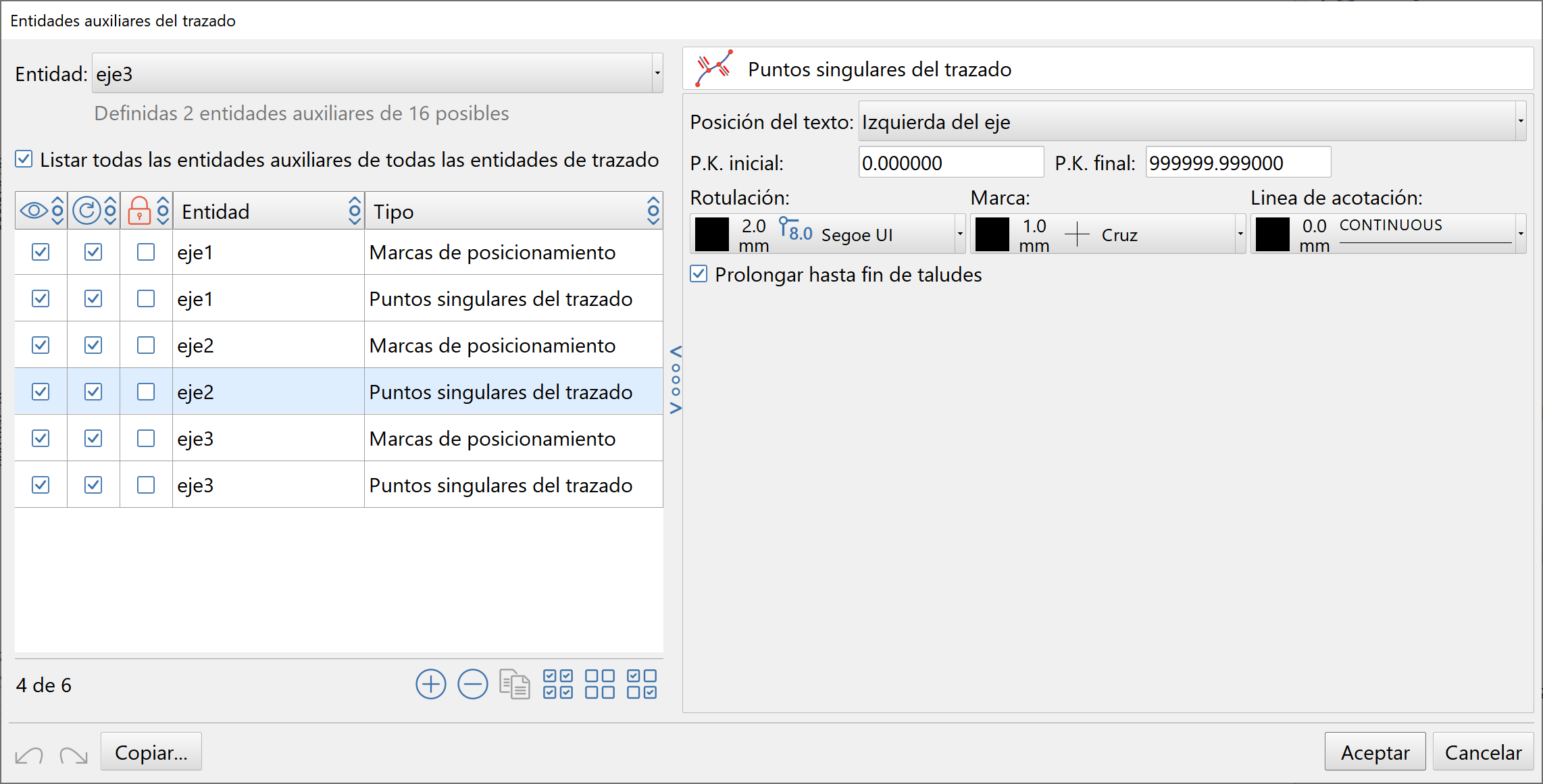 Edición - Lista de entidades - Editor de entidades auxiliares - Listar todas las entidades auxiliares