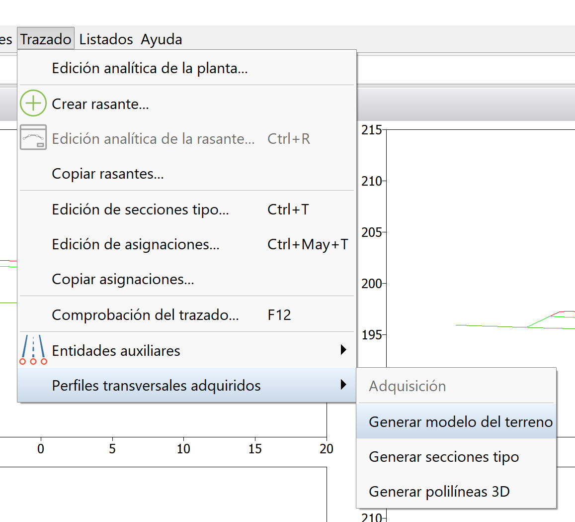 Trazado - Adquisición de perfiles transversales - Generación de modelos, acceso menú