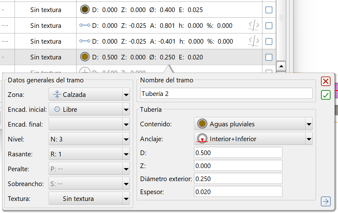 Editor de secciones - Tramos - Tubería - Propiedades