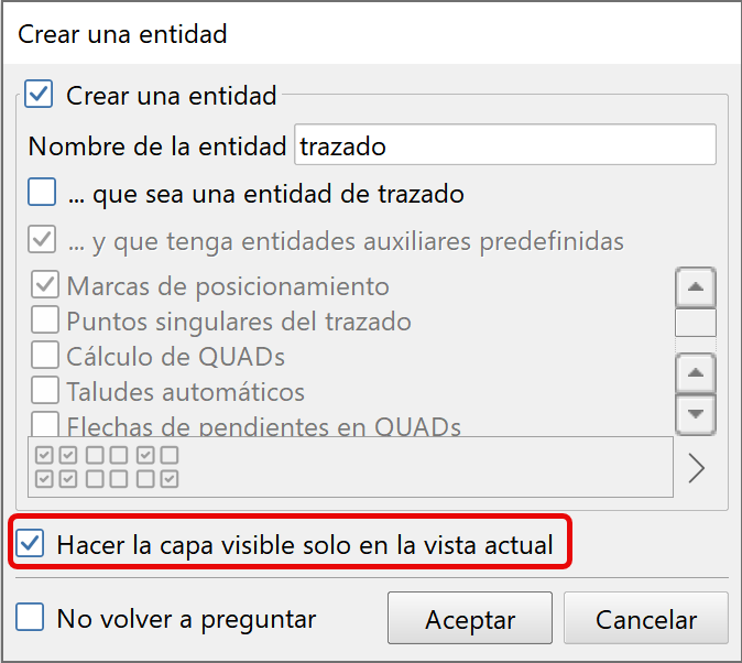 Edición - Capas, crear capa en barra superior, dialog de creación de entidad, visible en vista activa