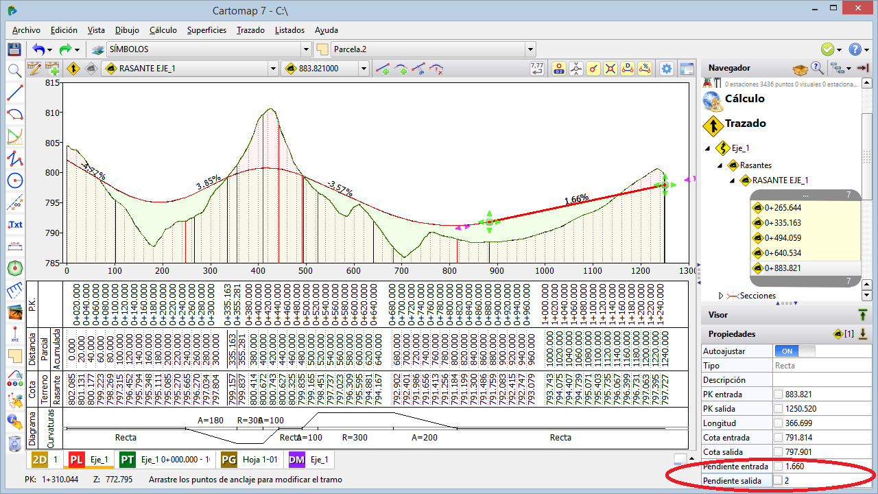 Trazado - Editor rasantes - Modificar tramo, pendiente salida