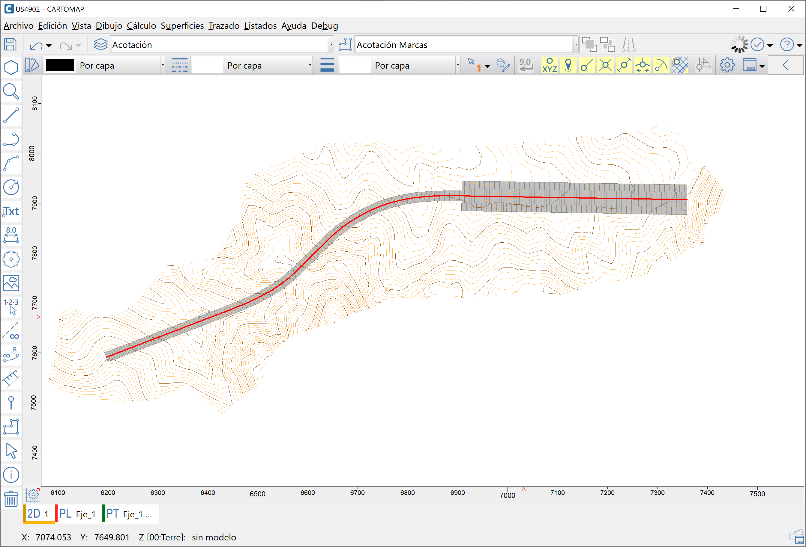 Trazado - Edición unificada de asignaciones - Asignación de sección tipo, opción transición lineal, resultado sin transición