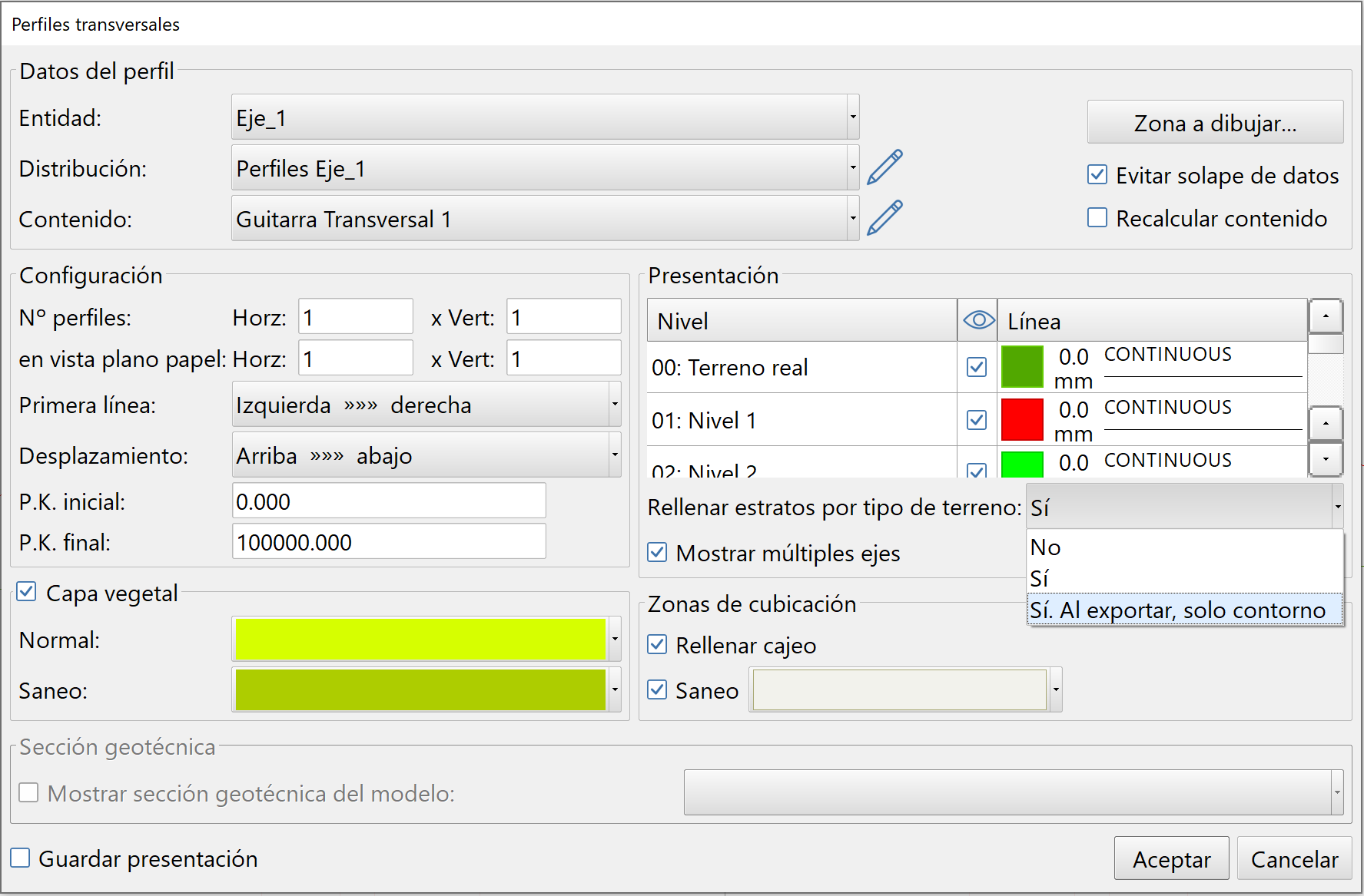 Perfiles transversales - Configuración de la vista - Rellenar cajeo, sólo contorno