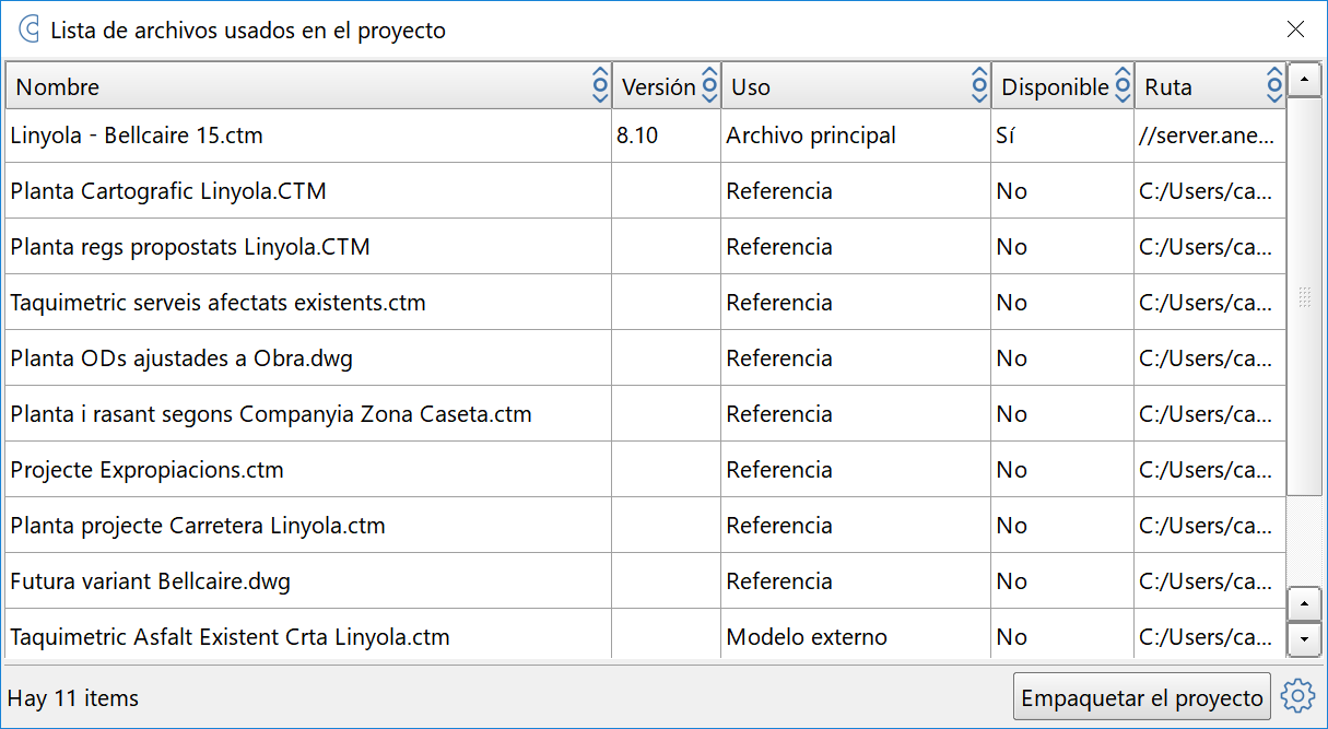 Edición - Proyecto - Lista de archivos, dialog con no disponibles