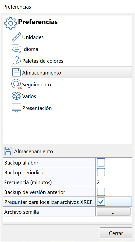 Edición - Preferencias - Almacenamiento, localizar xref