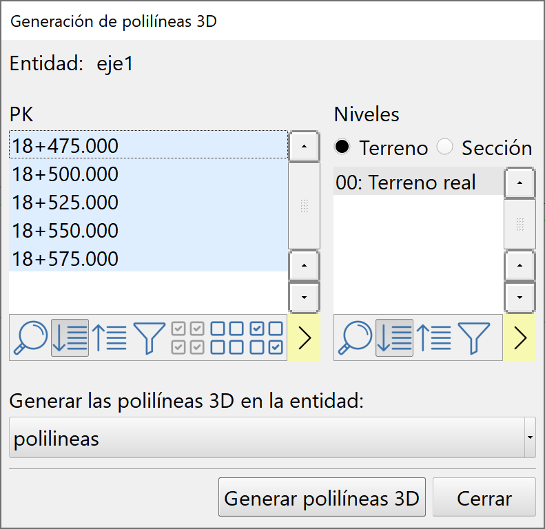 Trazado - Adquisición de perfiles transversales - Generación de polilíneas, dialog