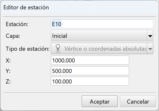 Edición - Levantamiento - Libreta de campo, dialog zona estaciones - editor de estación
