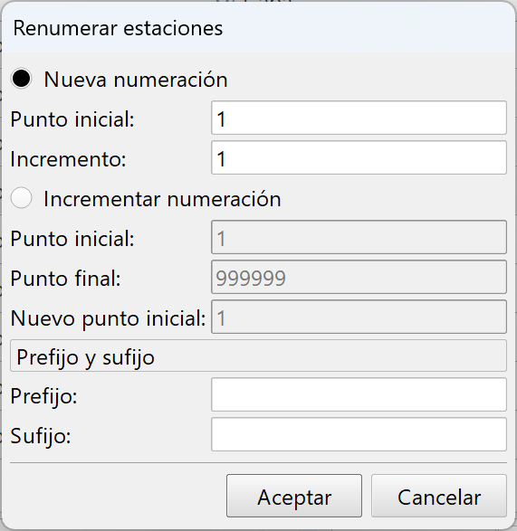 Edición - Levantamiento - Libreta de campo, dialog zona estaciones - lista de estaciones, renumerar