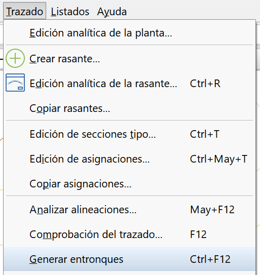 Trazado - Entronques, generar entronques, menú trazado