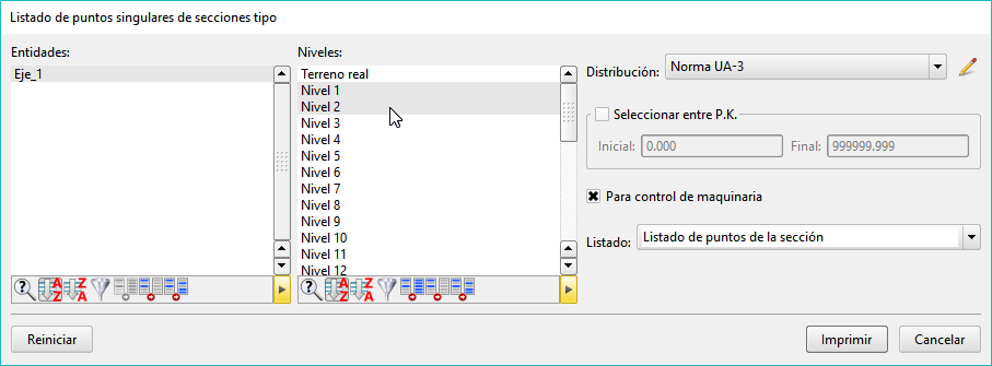 Listados - Puntos transversales sección - Dialog Listados - Puntos transversales sección - Dialog
