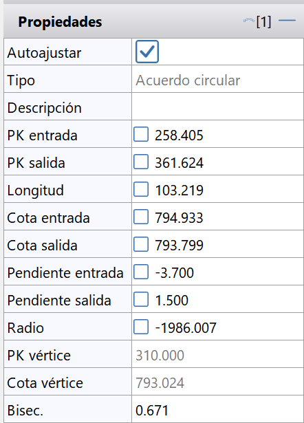 Trazado - Rasante - Modificar acuerdo, propiedades en navegador