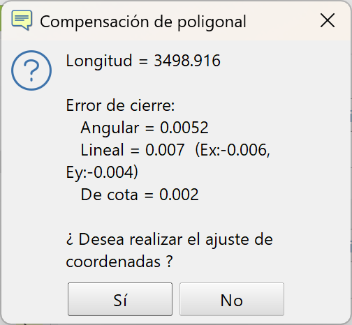 Levantamiento - Cálculo de poligonales, información del resultado, dialog