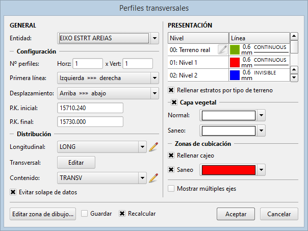 Perfiles transversales - Configuración de la vista - General Perfiles transversales - Configuración de la vista - General