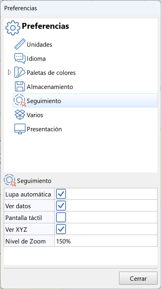 Edición - Preferencias, dialog - seguimiento, parámetros