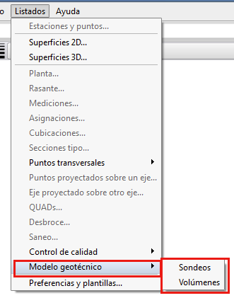 Modelo geotécnico - Menú Listados Modelo geotécnico - Menú Listados