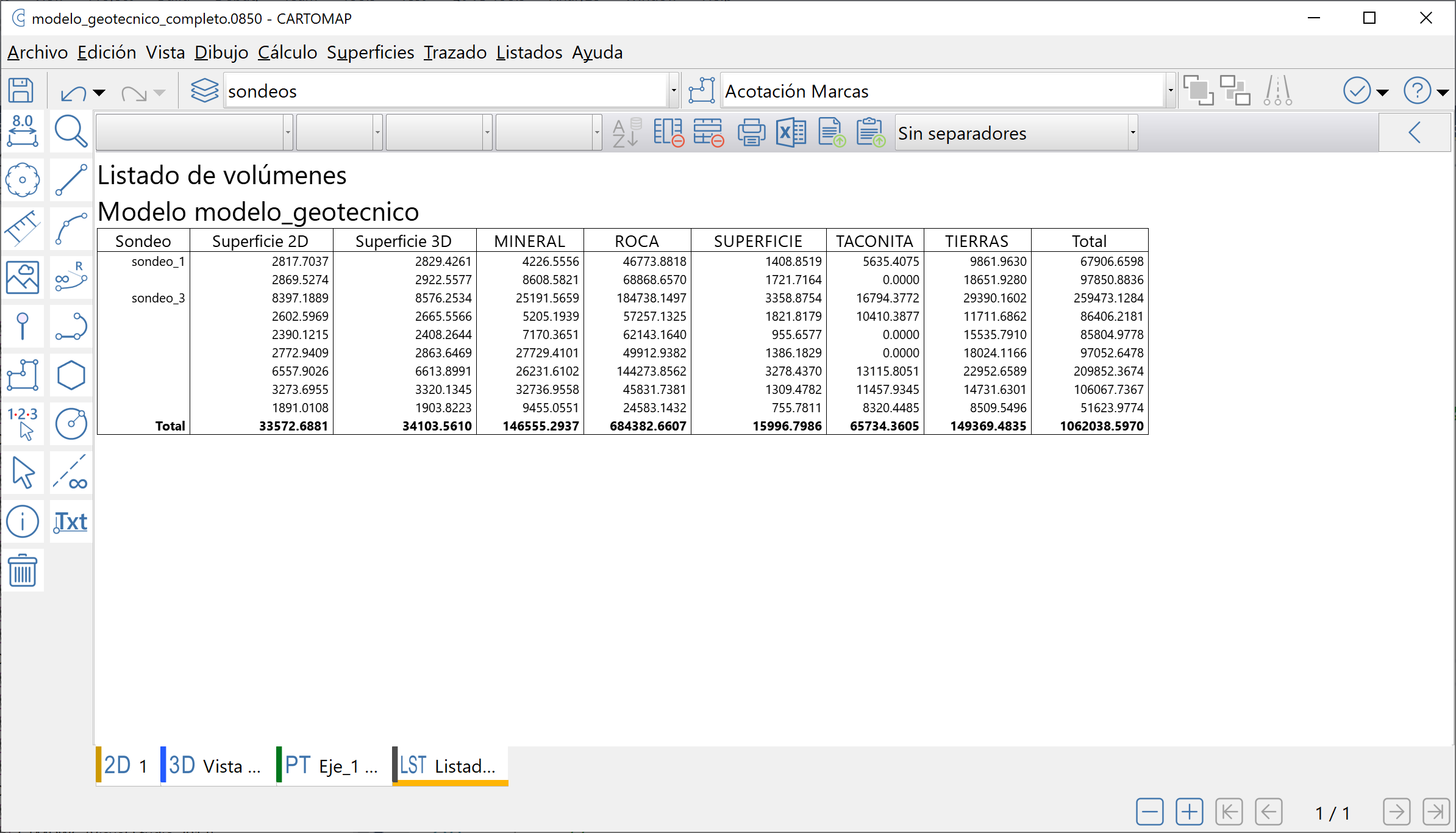 Listados - Cubicaciones - Modelos geotécnicos, resultado