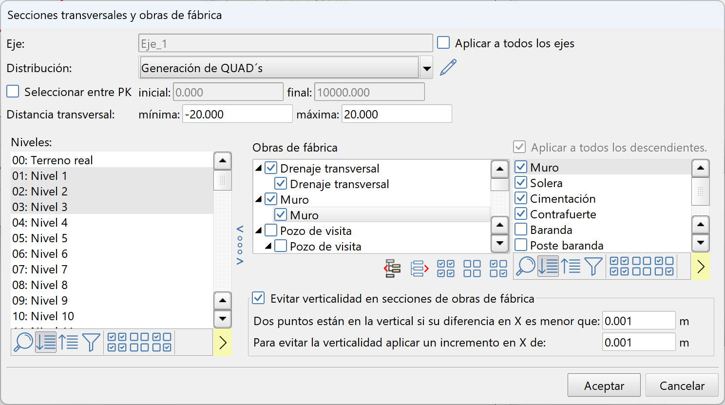 LandXML - Secciones y OF - Selección OF, dialog