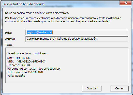 CARTOMAP Express - Activación, email fallido, envío manual