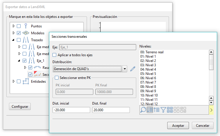 Archivo - Exportar - LandXML, dialog de secciones transversales (2018.02)